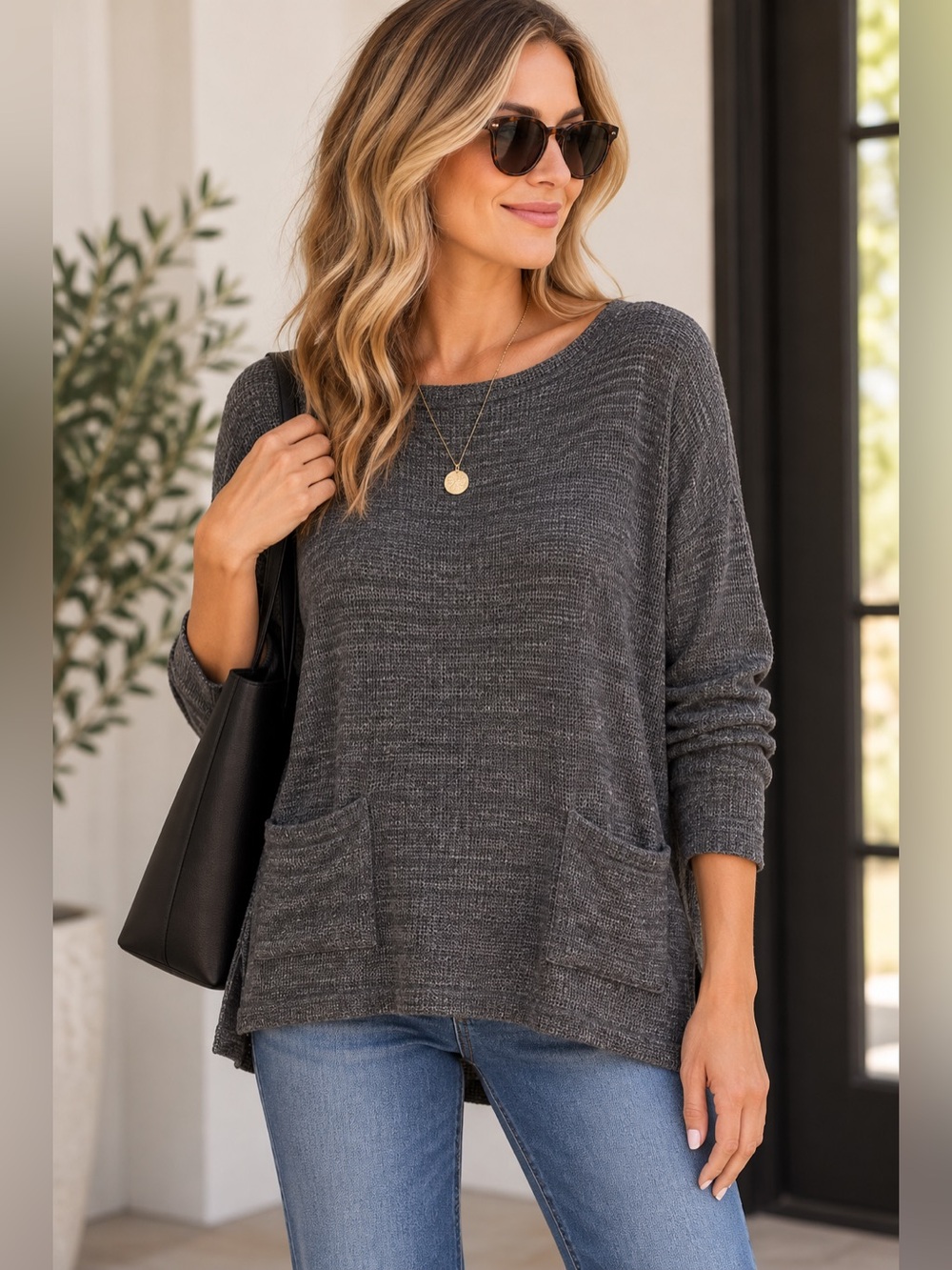 Eileen Fisher Charcoal Gray Cotton Open Knit Pocket Tunic Sweater L